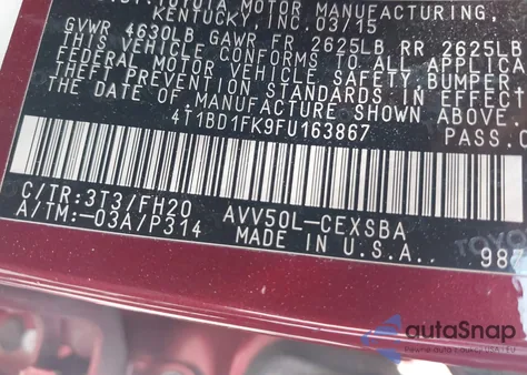 2015 Toyota Camry Hybrid Se from USA, damaged, VIN 4T1BD1FK9FU163867